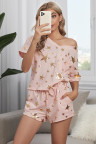 Pink Star Print V Neck Tee and Drawstring Shorts Lounge Set