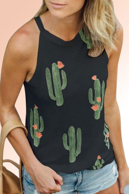 Black Crew Neck Cactus Print Tank Top
