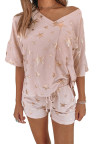 Pink Star Print V Neck Tee and Drawstring Shorts Lounge Set