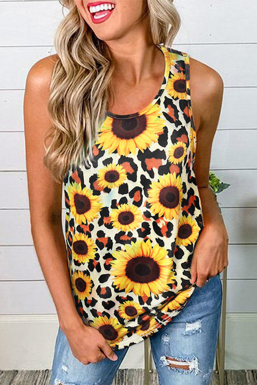 Leopard Sunflower Twist Back Casual Tank