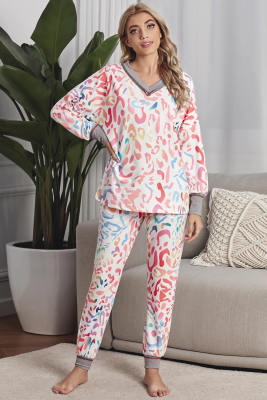 Multicolor V-neck Leopard Print Color Block Joggers Set