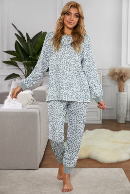 Gray Leopard Long Sleeve Top & Drawstring Joggers Loungewear Set