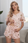 Pink Star Print V Neck Tee and Drawstring Shorts Lounge Set