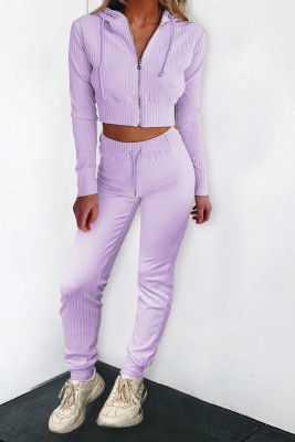 Purple Ribbed Knit Cropped Hoodie and Jogger Set