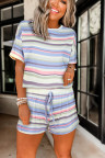 Striped Print Tee and Shorts Lounge Set