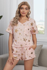 Pink Star Print V Neck Tee and Drawstring Shorts Lounge Set