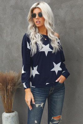 Fashion Five-pointed Star Print Round Neck Blue Sweatshirt