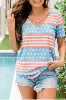 Blue Stars and Stripes Crisscross Neck Tee
