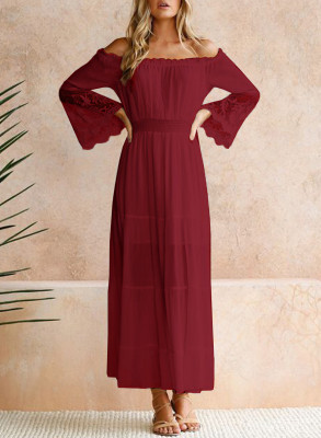 Wine Off Shoulder Embroidered Flared Sleeve Lace Maxi Dress