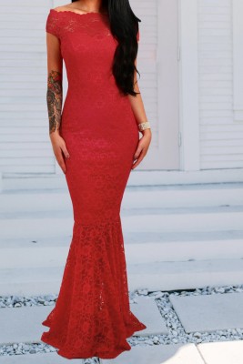 Red Bardot Lace Fishtail Maxi Dress