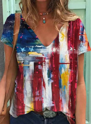 Women's T-shirts Flag Print Short Sleeve V Neck Daily T-shirt