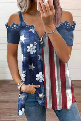 Women's T-shirts Flag Floral Print Lace Cold Shoulder T-shirt