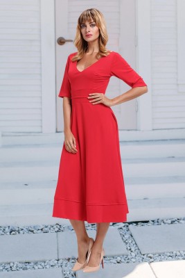 Red Half Sleeve V Neck High Waist Flared Dress