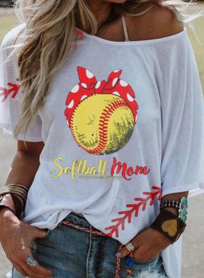 Women's T-shirts Softball Print Irregular Shoulder T-shirt