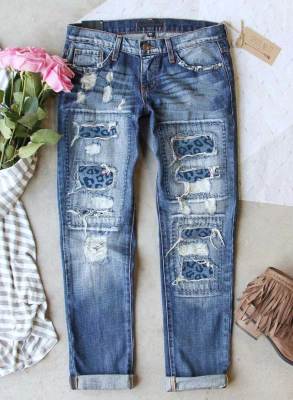 Women's Jeans Straight Low Waist Leopard Patchwork Jeans