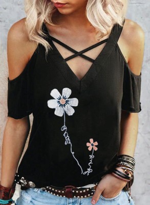 Women's T-shirts Floral Criss Cross Cold Shoulder T-shirt