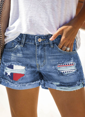 Women's Shorts Denim Cut-out Straight Flag Star Mid Waist Summer Casual Daily Shorts