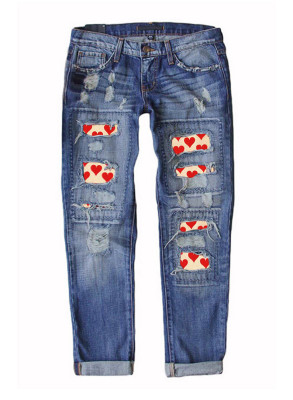 Women's Jeans Heart-shaped Straight Low Waist Pocket Ripped Jeans