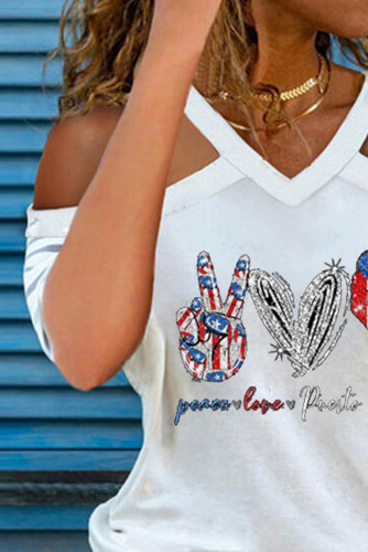 Women's T-shirts Flag Heart Print Cold Shoulder T-shirt
