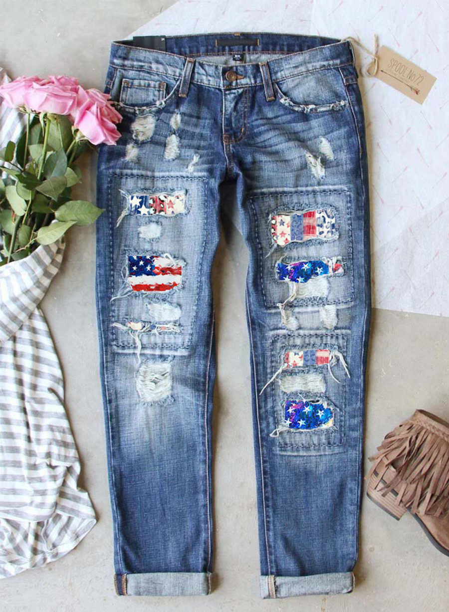 Women's Torn Jeans Color Block Flag Cut-out Torn Jeans
