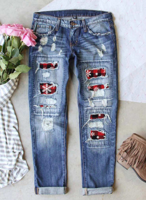 Women's Jeans Plaid Cut-out Christmas Slim Low Waist Full Length Jeans