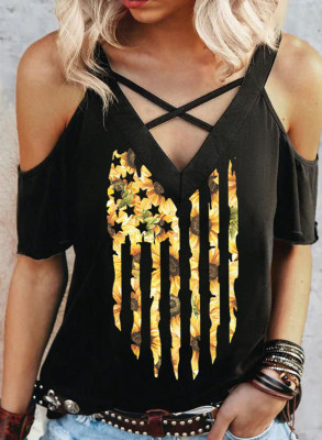 Women's T-shirts Cold Shoulder Cross Sunflower Flag Print T-shirt