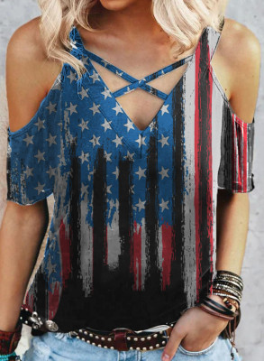 Women's T-shirts Flag Cold Shoulder Hollowed Out T-shirt