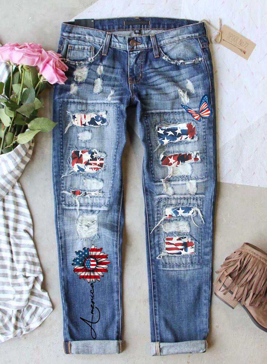 Women's Jeans Sunflower Flag Patchwork Straight Jeans