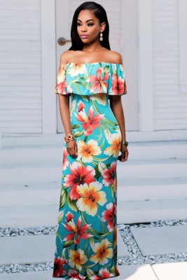 Turquoise Roses Print Off-the-shoulder Maxi Dress