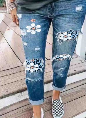 Women's Jeans Straight Mid Waist Floral Leopard Patchwork Jeans