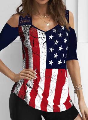 Women's T-shirts Flag Lace Cold Shoulder T-shirts