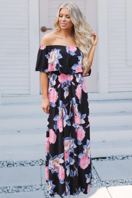 Flower Print Black Grounding Off Shoulder Long Boho Dress
