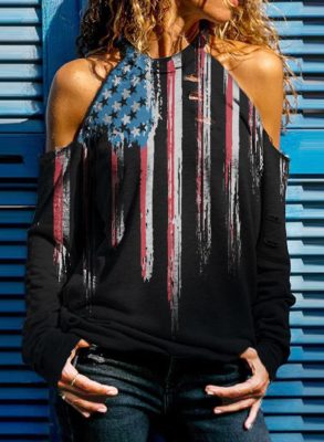 Women's Pullovers Flag Cold Shoulder Pullover