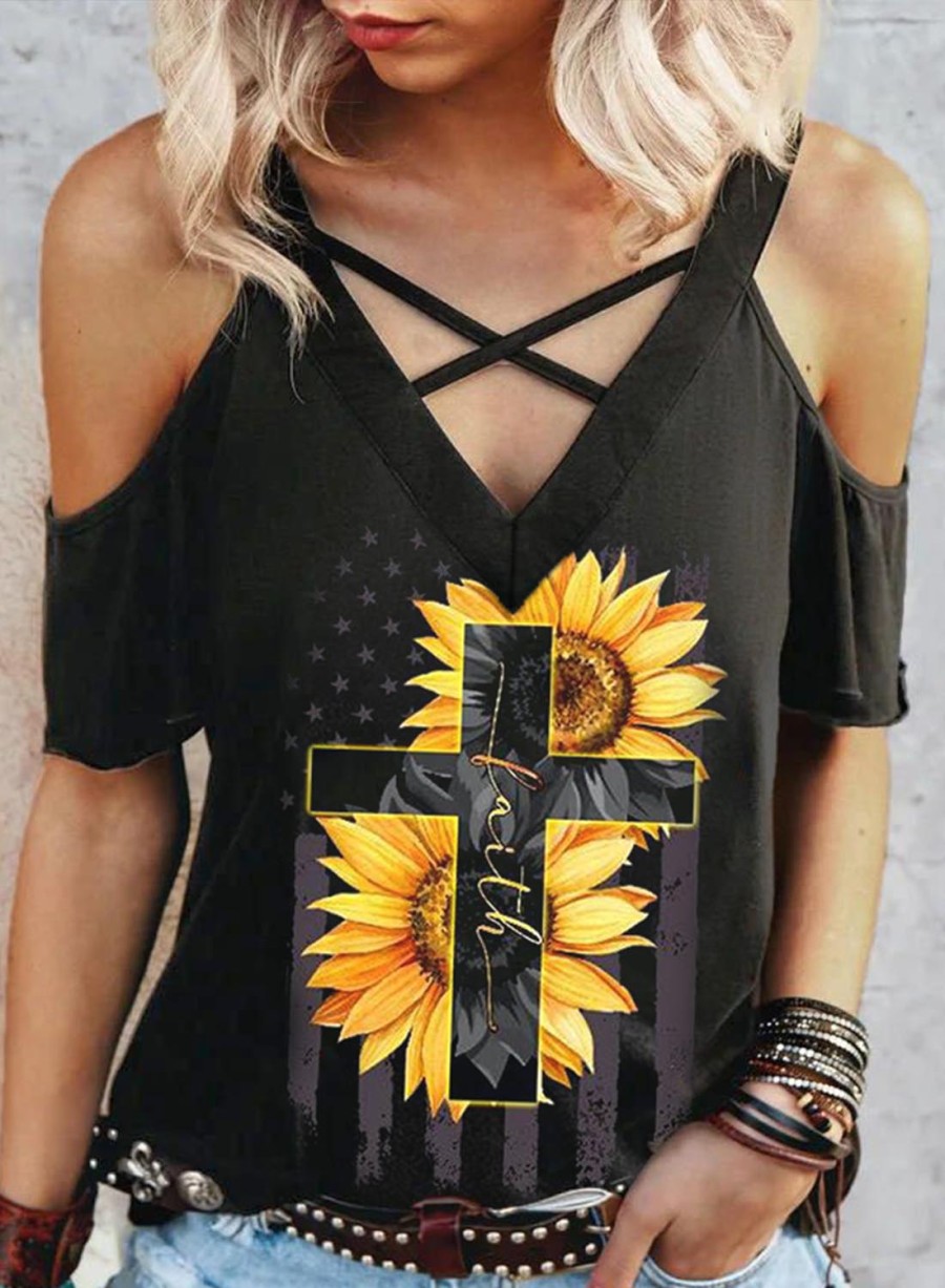 Women's T-shirts Sunflower Print Cold Shoulder T-shirt