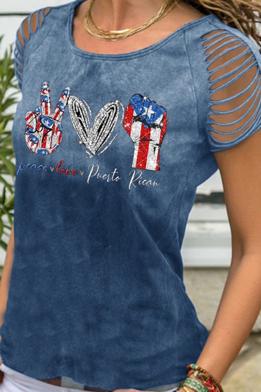 Women's T-shirts Flag Heart Print Cutout T-shirt