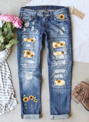 Women's Jeans Sunflower Patchwork Straight Low Waist Jeans
