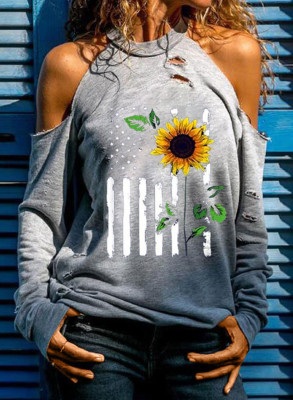 Women's T-shirts Flag Sunflower Cold Shoulder T-shirt