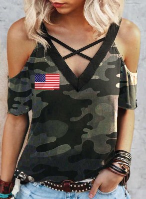 Women's T-shirts Cross Neck Hollow T-shirt