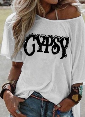 Women's T-shirts Letter Cold Shoulder Loose T-shirt