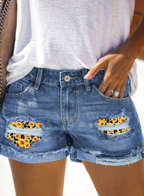 Women's Shorts Denim Sunflower Straight Mid Waist Ripped Patchwork Jeans