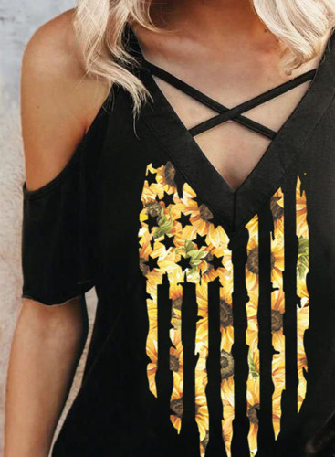 Women's T-shirts Cold Shoulder Cross Sunflower Flag Print T-shirt