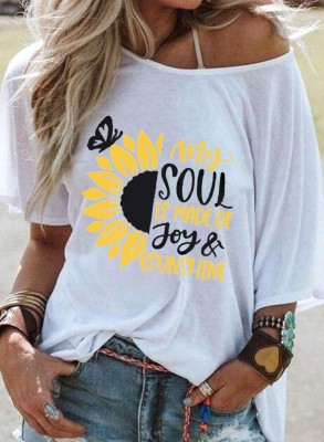Women's T-shirts Sunflower Slogan Print Cold Shoulder T-shirt