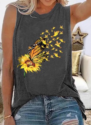Women's Tank Tops Sunflower Butterfly Print Top