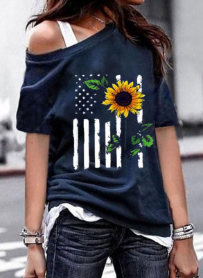 Women's T-shirts Sunflower Flag Cold Shoulder T-shirt