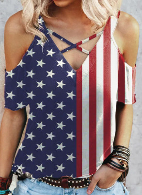 Women's T-shirts Flag V Neck Criss Cross Cold Shoulder T-shirts