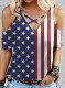 Women's T-shirts Flag V Neck Criss Cross Cold Shoulder T-shirts