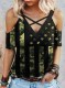 Women's T-shirts Cold Shoulder Cross Neck Print T-shirt