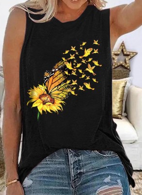 Women's Tank Tops Sunflower Butterfly Print Top