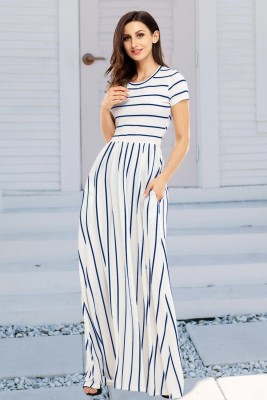 Blue Striped White Short Sleeve Maxi Dress