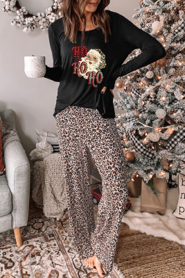 Christmas Leopard Print Graphic Top and Wide Leg Pants Lounge Wear